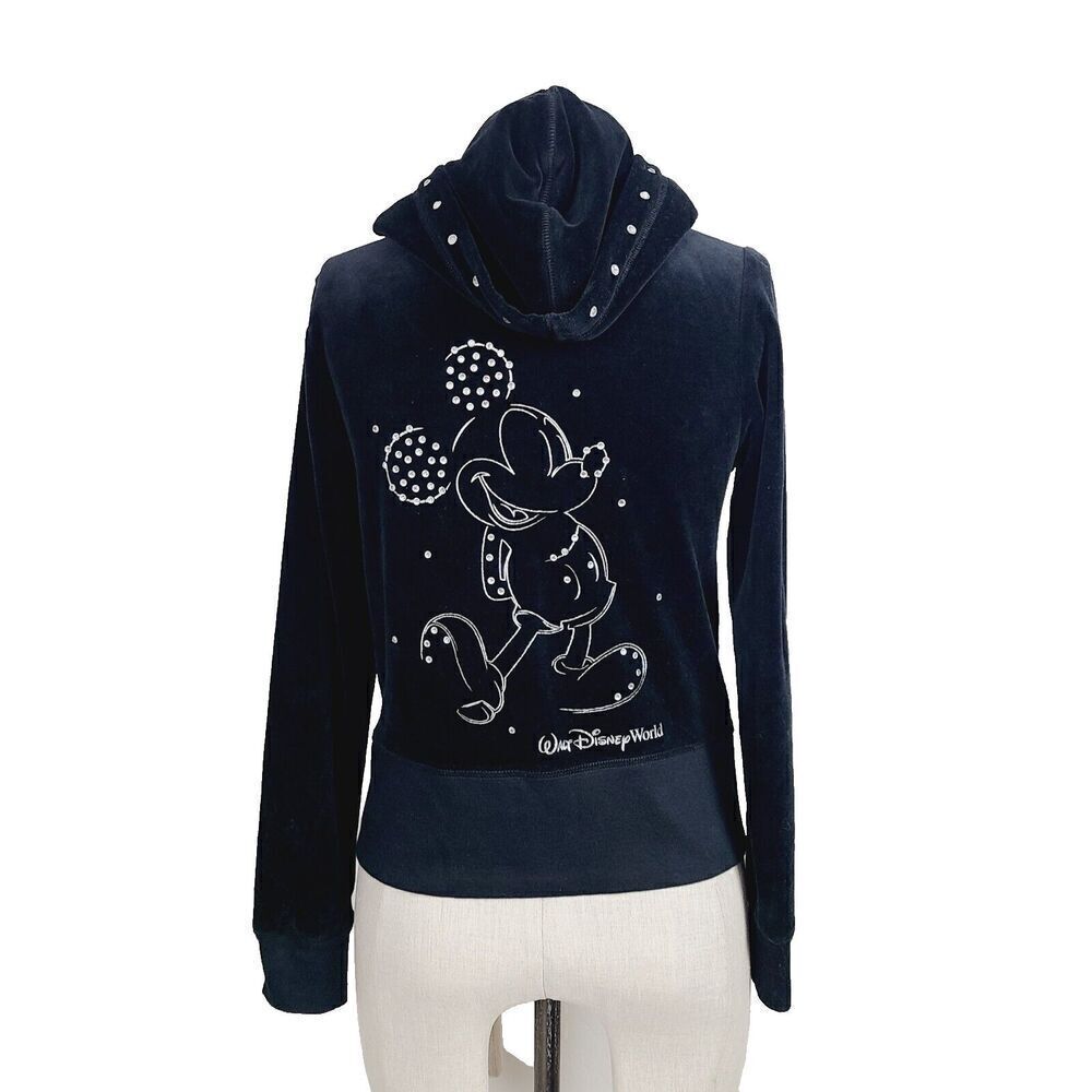Disney Parks Jacket XS Black Velour Full-Zip Hooded Mickey Mouse Rhinestones